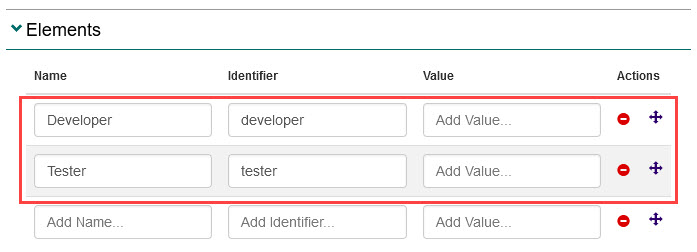 Element Name, Identifier and Value fields