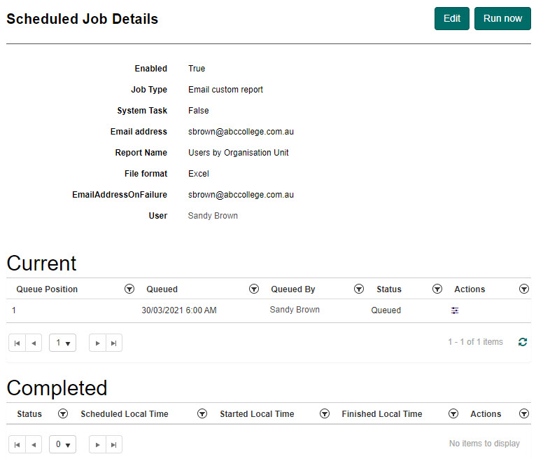 Scheduled Job Details screen