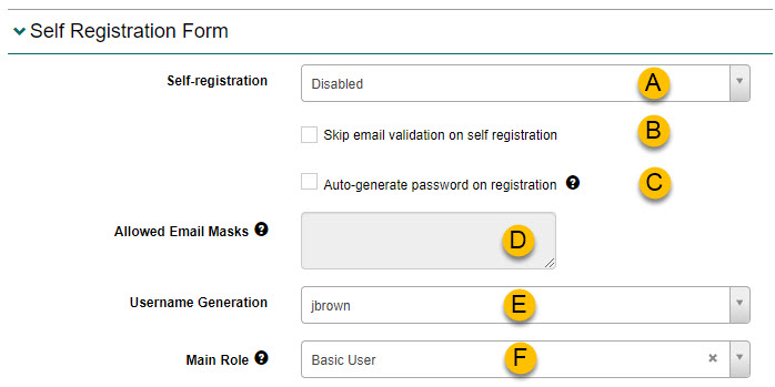 Self Registration Form options