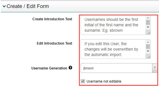 Create / Edit Form options