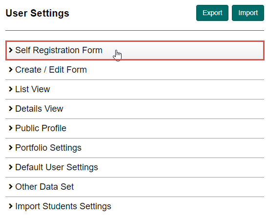 Self Registration Form section