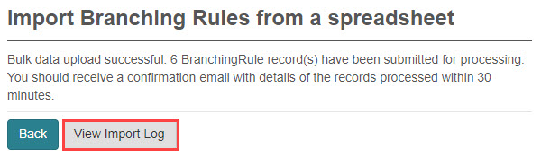 Import feedback screen with a link to view the import log
