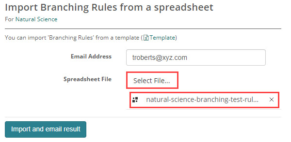 Import Branching Rules page showing the Email Address, Spreadsheet File and Import and email result controls