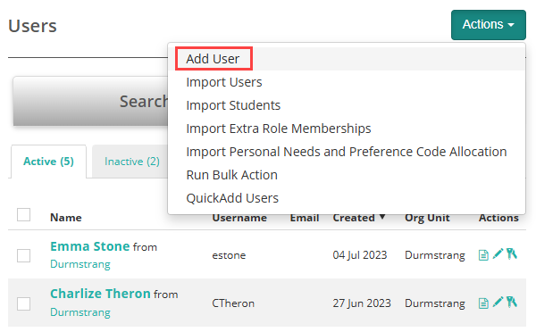Actions drop-down menu showing Add User option