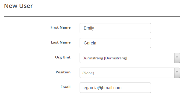 New User form with First Name, Last Name, Org Unit, Position, and Email fields