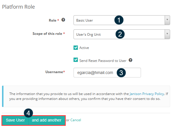 Platform Role section with callouts matching Role, Scope of this role, Username, and Save User