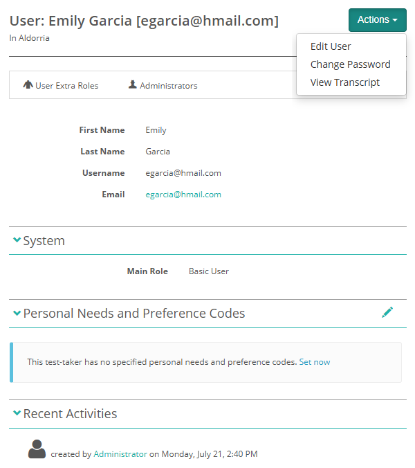 User screen showing Actions drop-down and additional sections including Personal Needs and Preference Codes
