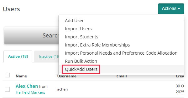 Actions drop-down with QuickAdd Users option highlighted