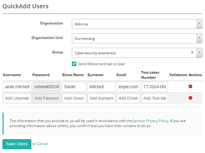 QuickAdd Users form showing Organisation, Organisation Unit, Role, Send Welcome Email fields, and example user data