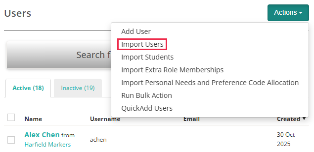 Actions drop-down with Import Users option highlighted