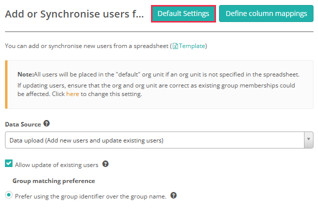 Import screen with Default Settings button highlighted