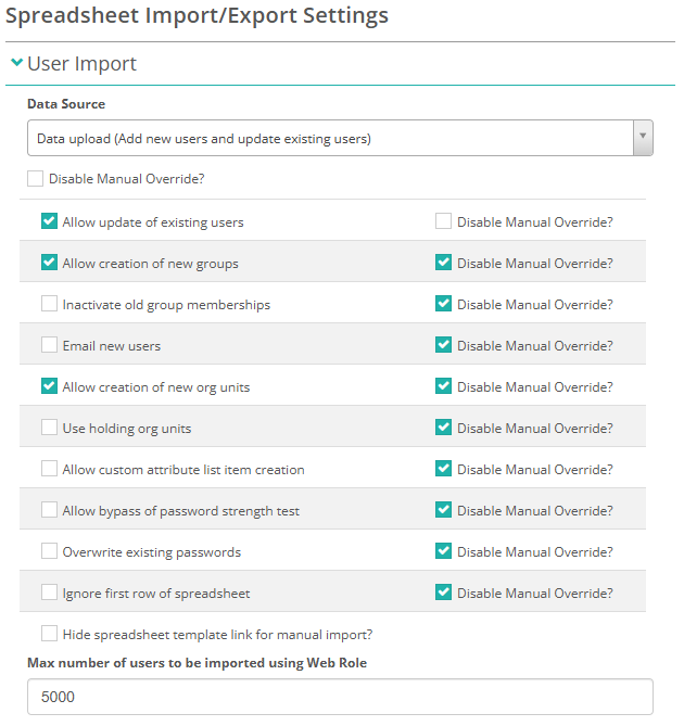 User Import expandable section with configuration options