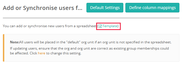 Data upload screen with Template link highlighted