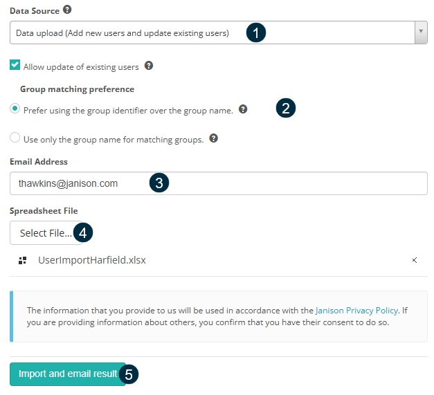 Data Upload screen showing Data Source drop-down, Group matching preference, Email Address, Select File button, and Import and email result button