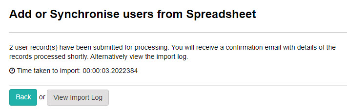 Import confirmation screen showing submission status and View Import Log button