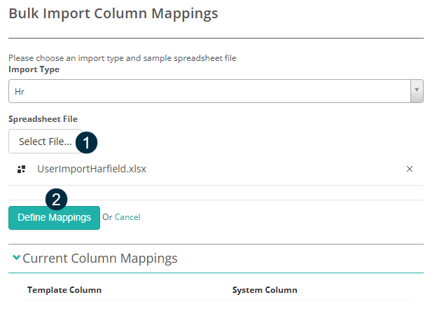 Bulk Import Column Mappings screen with Select File and Define Mappings buttons highlighted