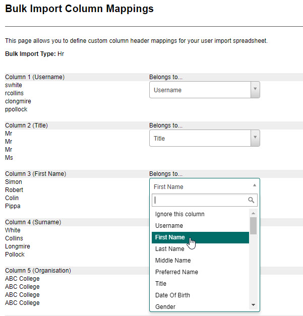 Column mapping interface showing spreadsheet headings being matched to system fields