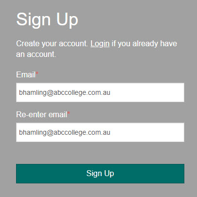 Sign Up form showing email fields marked as mandatory and Sign Up button
