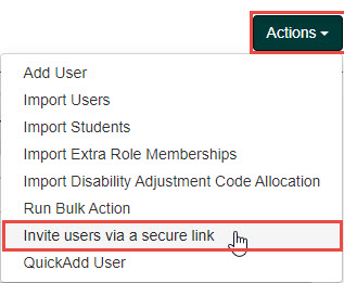 Actions drop-down with Invite users via a secure link option highlighted