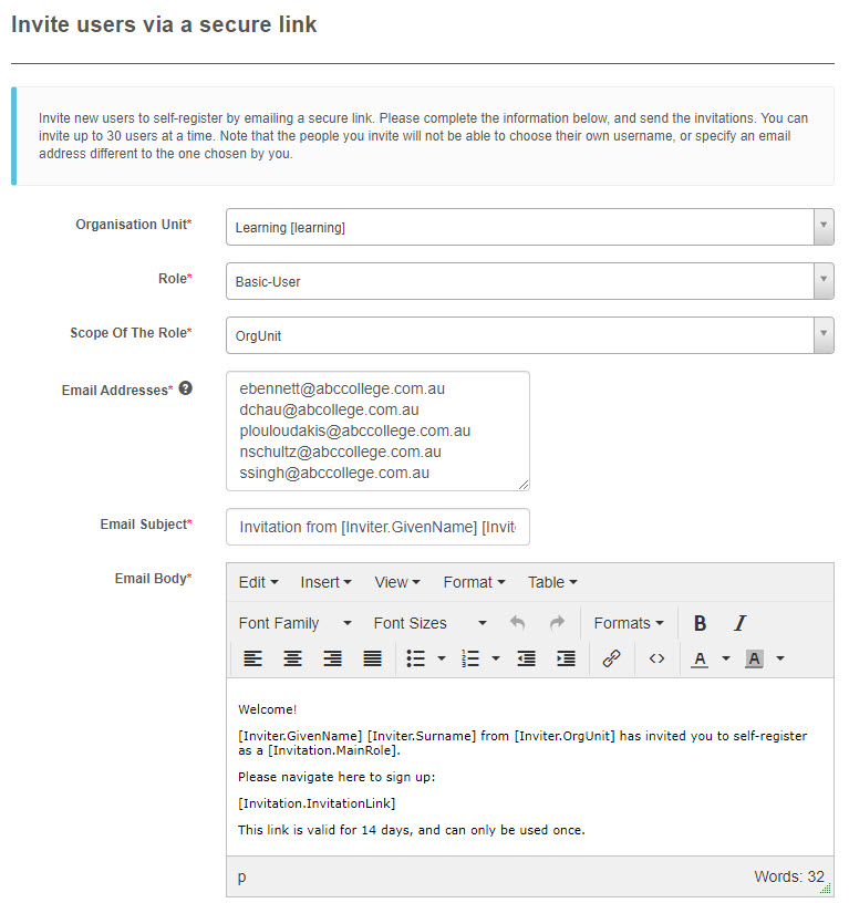 Invite users via a secure link form with Organisation Unit, Role, Scope, Email Addresses, and Email Body fields