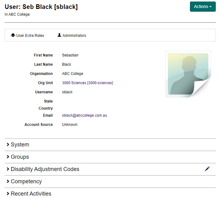 User details page showing personal details, System, Groups, Disability Adjustment Codes, Competency, and Recent Activities sections