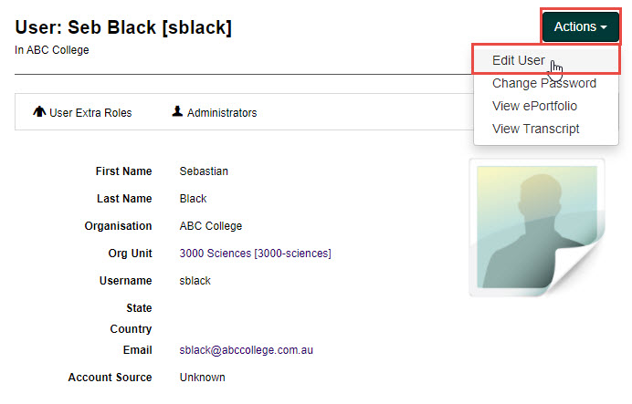 User details screen with Actions drop-down open showing Edit User highlighted