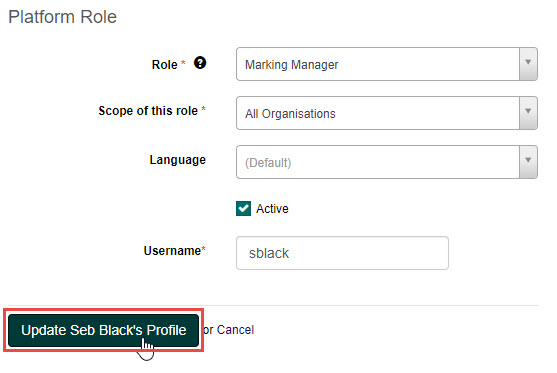 Platform Role section of the Edit User screen with the Update Profile button highlighted