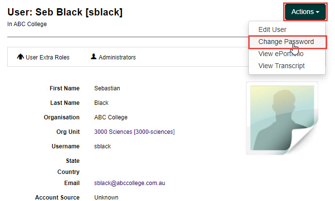 User details screen with Actions drop-down open showing Change Password highlighted