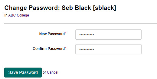 Change Password screen showing New Password, Confirm Password, and Save Password fields