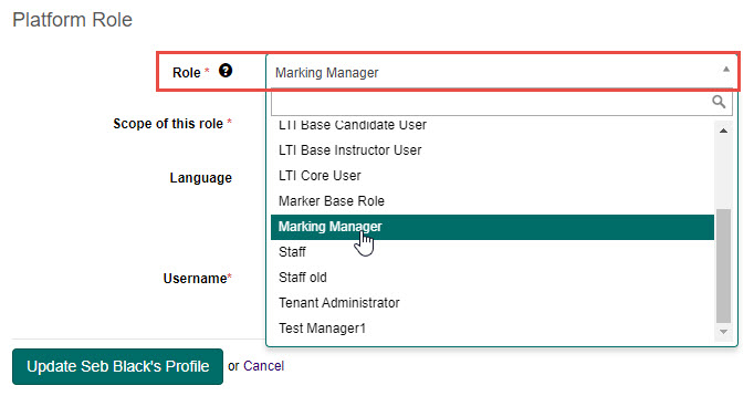 Platform Role section showing the Role drop-down open with available roles listed