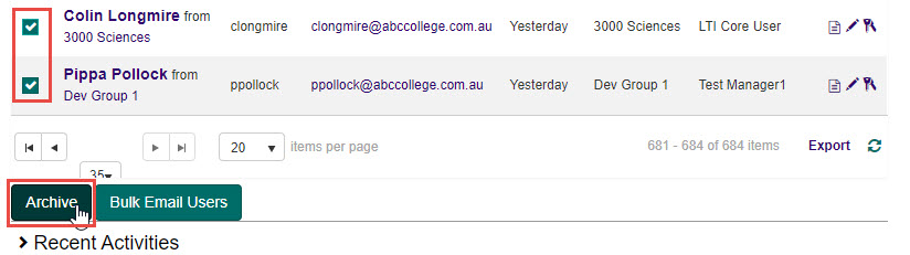 User list with checkboxes selected and Archive button highlighted