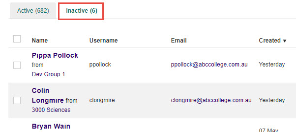 Inactive tab showing the list of archived users