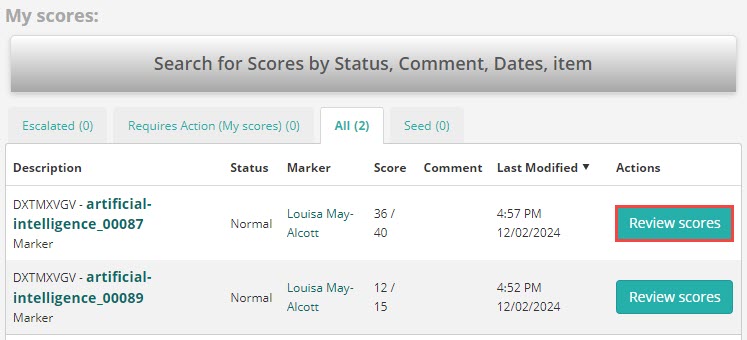 Marking dashboard with Review scores button