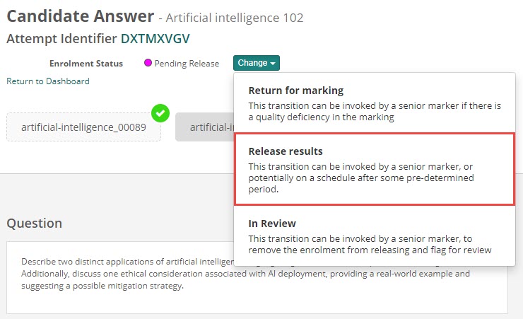 Marking screen showing Pending Release status