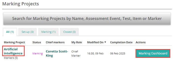 Landing page showing Marking Project and Marking Dashboard access