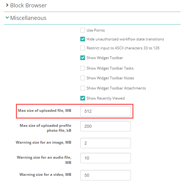 Setting file size limit for item authors