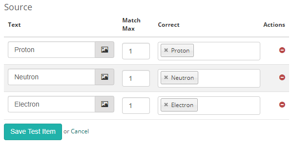 Source section with Correct selections