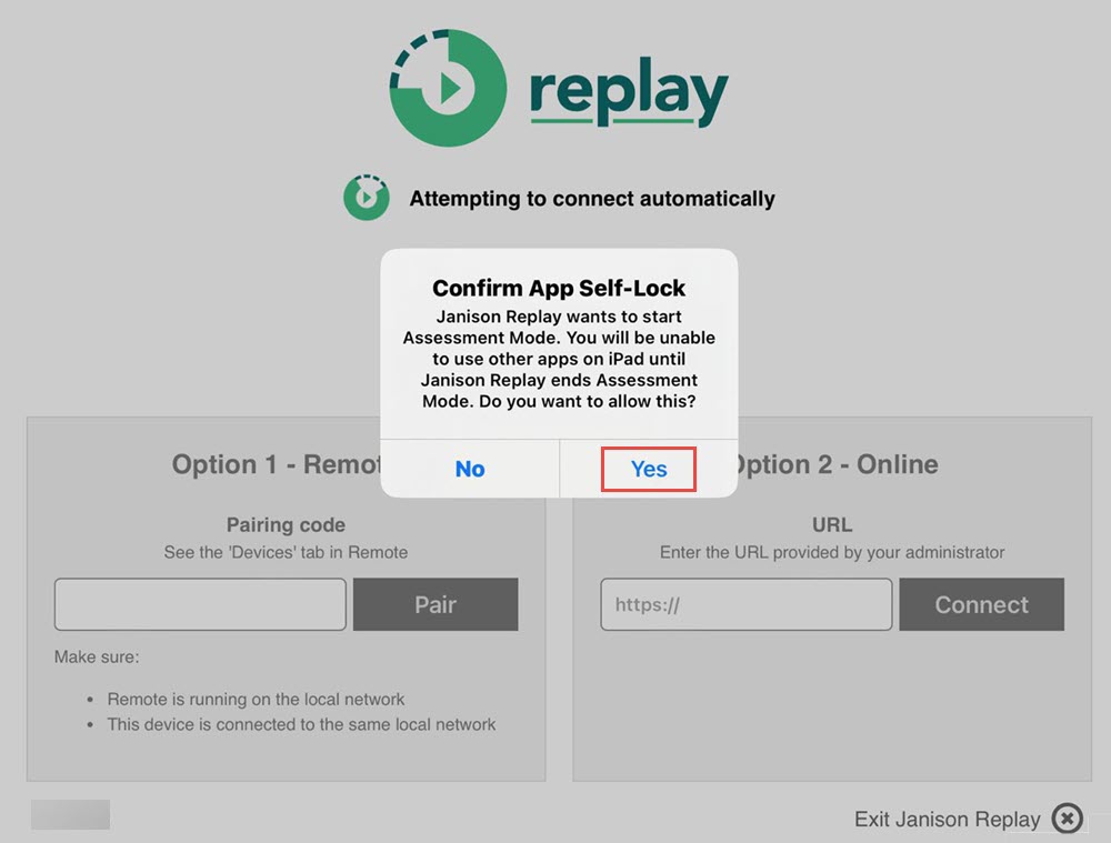Confirm App Self-Lock dialog, with Yes highlighted
