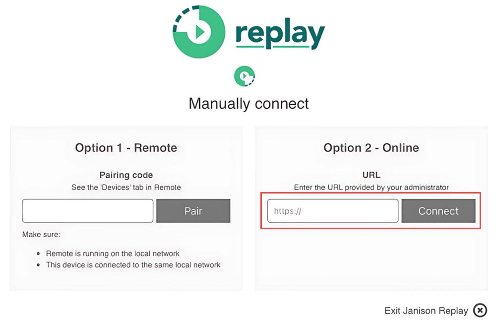 Manually connect screen, with the Option 2 URL field and Connect button highlighted