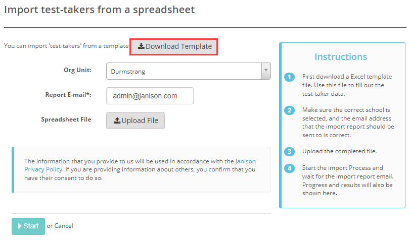 Import test-takers from a spreadsheet screen