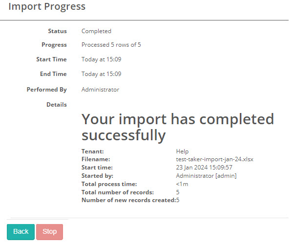 Import test-takers form completed
