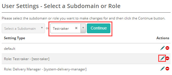 User Settings for Role Test-taker