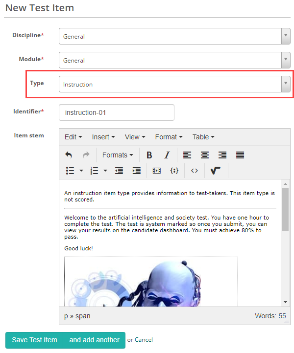 New Test Item form example