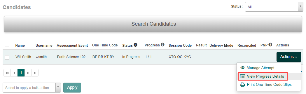 Invigilator dashboard actions menu