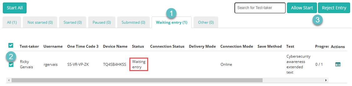 Waiting Entry tab with Allow Start and Reject Entry buttons