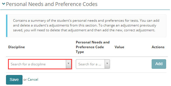 PNP section on test-taker profile