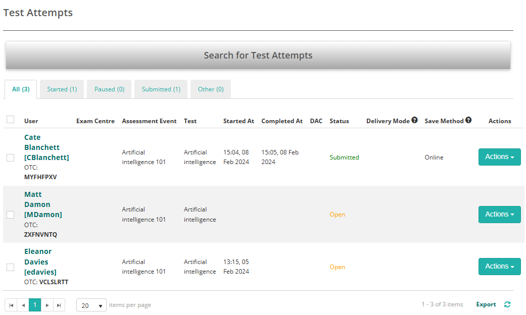 Test Attempts screen