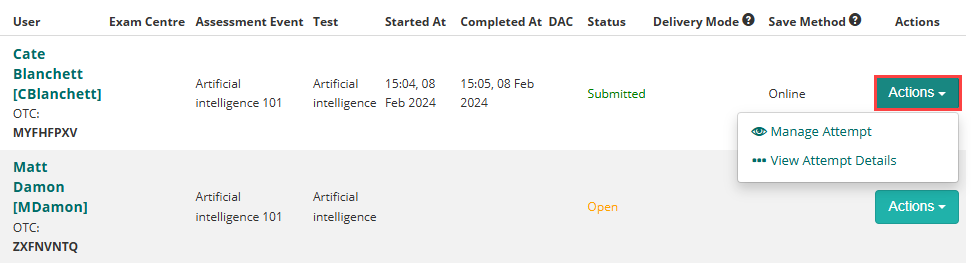 Actions button with Manage Attempt and View Attempt Details options
