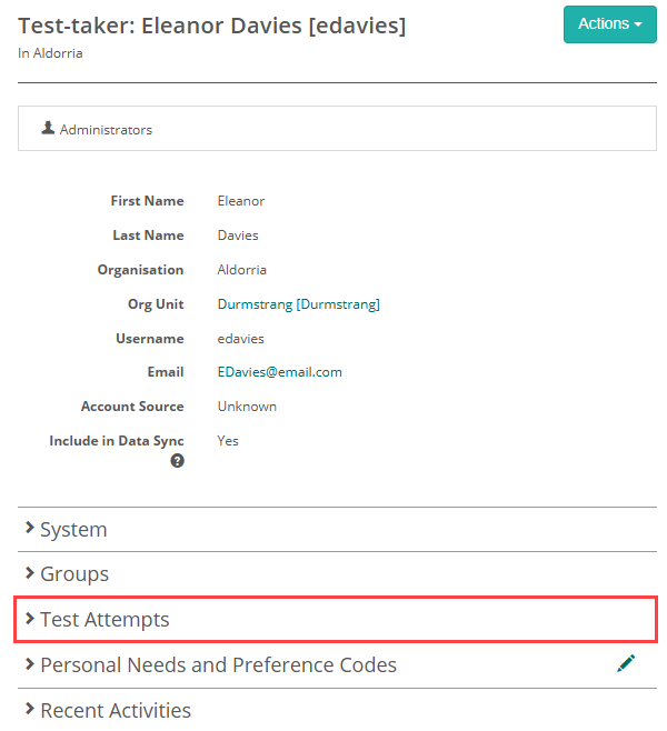 Test Attempts section in user profile