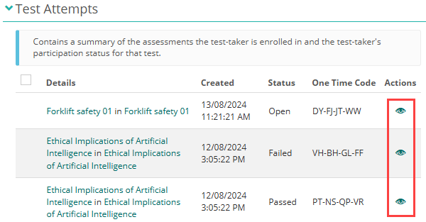 List of test attempts with eye icon